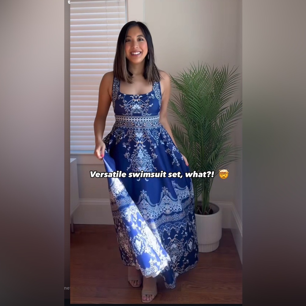 Size Small - Stunning Blue and White Floral One Piece Bathing Suit Turned Dress